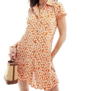 ASOS DESIGN printed plisse button mini dress in orange print